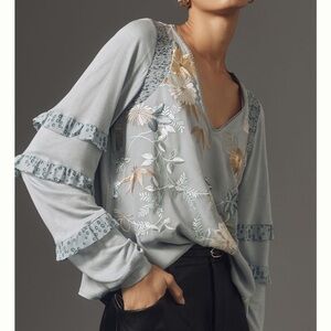 Anthropologie Tiny Frances Long Sleeve Ruffled Тор Blue Motif Sz XS NEW